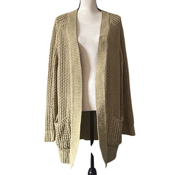 Ava & Viv Sweaters - Womens Open Front Knit Cardigan Light Khaki Textured Pockets Long Sleeve XL
